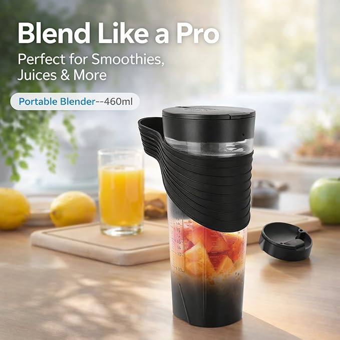 Portable Blender 460ml USB Rechargeable with 20000RPM Motor and 6 Stainless Steel Blades - Powerful High - Speed Mixer for Smoothies Shakes &amp Baby Food Lightweight for Home (Black)