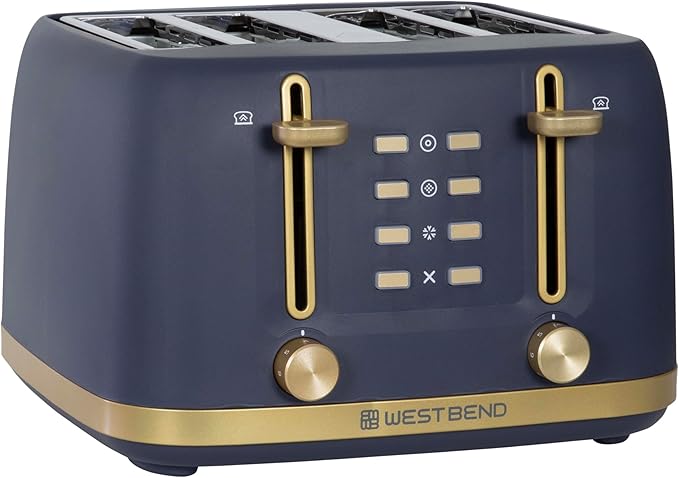West Bend Timeless 4-Slice Toaster with 7 Browning Levels Bagel/Waffle/Defrost Settings High-Lift Lever Anti-Jam Easy-Clean Crumb Tray 4-Slice Blue/Gold