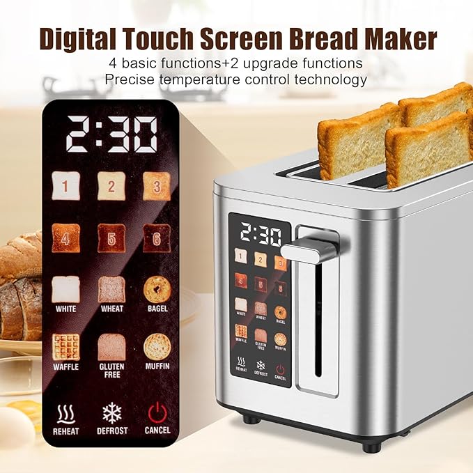 Touch Screen Toaster 4 Slice 4 Bread Types 4 Shade Settings LCD Display Extra Wide 1.5 Slots Memory Function 1400W16.54 * 8.66 * 7.48inch