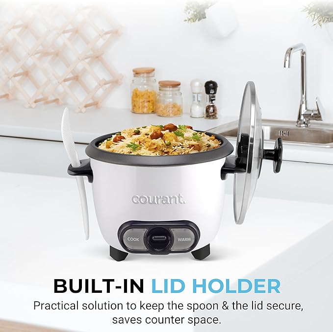 Courant Rice Cooker 8-Cup (Cooked) Removable Non-Stick Bowl One Touch Rice Cooker White