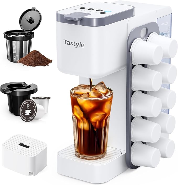 Hot &amp Iced Coffee Maker with Magnetic K-Pod Organizer (Pods Not Included) Stores 10 Pods 4-5 Cups Coffee Maker &amp Single-serve Brewer for K Cup &amp Grounds 40oz Removable Water Tank White