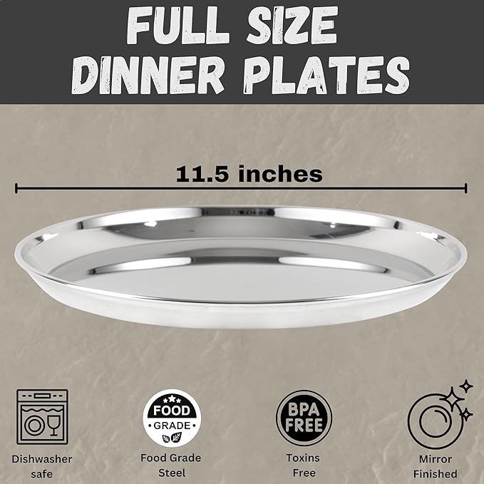 Stainless Steel Plates and Bowls Set 12 Pieces Steel Dinnerware set for 4 Metal Reusable Camping Dishes Kitchen Dinner Trays &amp 10 Oz Snack Bowls Dishwasher Safe (Heavy 6.5 Lbs)