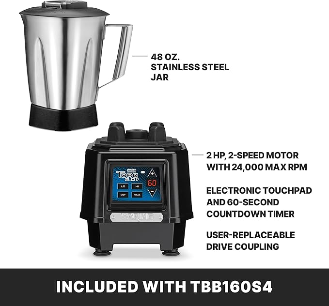Waring Commercial TBB160S4 TORQ 2 Horsepower Blender Electronic Keypad with 60-Second Countdown Timer and a 48 oz. Stainless Steel Container 120V 5-15 Phase Plug