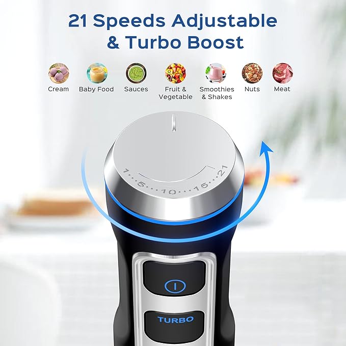 Immersion Blender 5 in 1 Hand Blender Electric Blenders Max 1000W Heavy Duty Motor 21 Speed &amp Turbo Mode Handheld Blender Milk Frother Egg Whisk 800ml Beaker 600ml Chopper Stainless Steel Bl