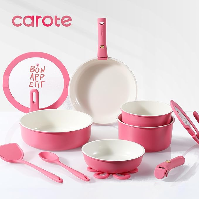 CAROTE 18Pcs Ceramic Cookware Set with Detachable Handle Pots and Pans Set Non Stick Non Toxic Kitchen Cooking Sets with Stand-Up Lid PFAS and PFOA Free Oven Safe Induction Ready Pink