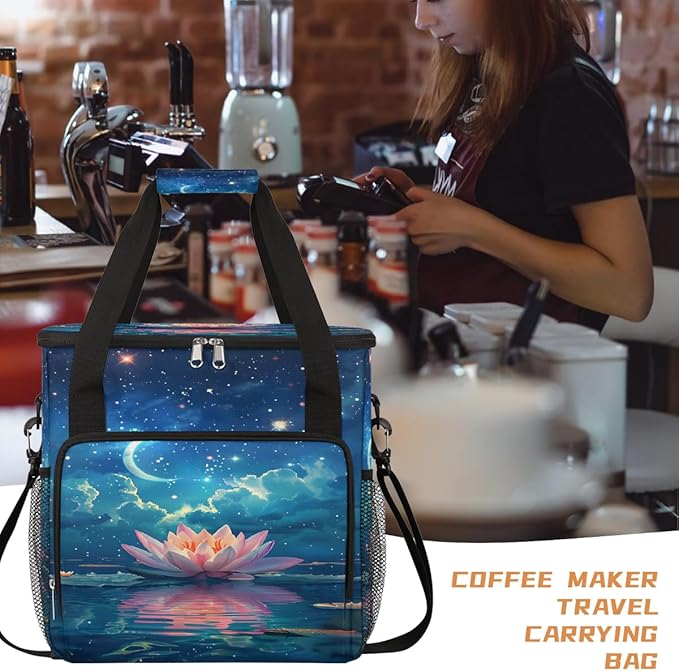 Moon Flower Stars Coffee Maker Carring Bag Travel Carrying Storage Tote Bag Compatible with Keurig K-Mini or K-Mini Plus Portable Single Serve Coffee Brewer Case with Pockets for K-cup Pods