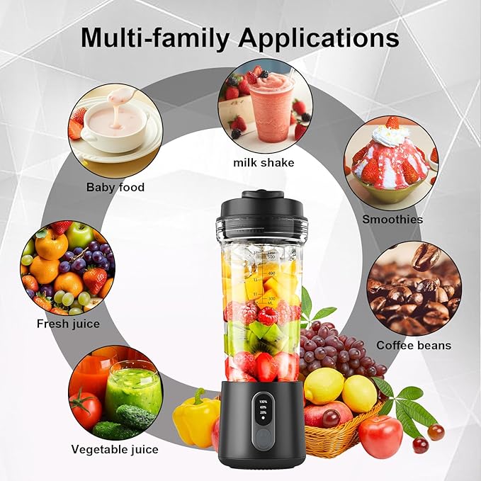 Portable Blender for Smoothies and Shakes 2 Portable Blender Cups 17 &amp10 oz Cordless Personal Small Blender with Straw Brush&ampLid USB-C Rechargeable Quiet Mini Travel Blender Black