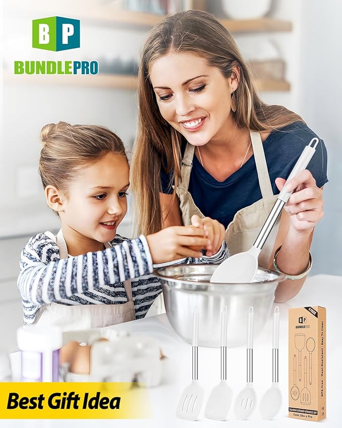Pack of 4 Silicone Cooking Utensils Set Non Stick Large Solid Spatulas Heat Resistant Slotted Spoons Ideal BPA Free Kitchen Turners for Frying MixingServingDrainingTurningStirring (WHITE)