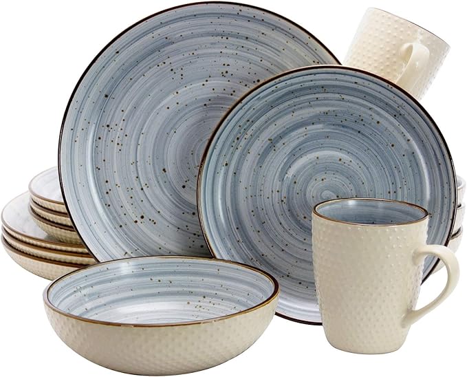 Unknown1 Embossed Dot Two Tone 16-Piece Dinnerware Set in Powder Blue Textured Casual Round Stoneware 16 Piece Microwave Safe Medium
