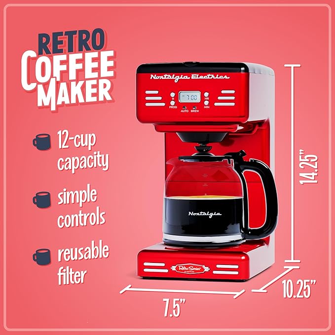 Nostalgia Retro 12-Cup Programmable Coffee Maker With LED Display Automatic Shut-Off &amp Keep Warm Pause-And-Serve Function Red