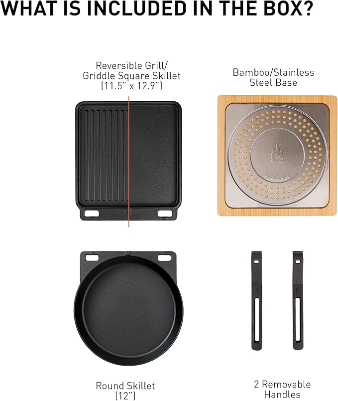 Solo Stove Pi Cast Iron 3-Piece Cookware Set | Incl. Round Skillet (305 cm) Reversible Grill/Griddle (292 x 33 cm) 2 Removable Handles Bamboo/Stainless Steel Base for Protection
