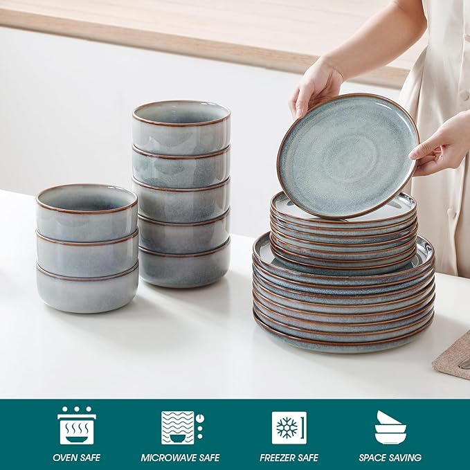 vancasso PLAYA Plates and Bowls Sets 24 Pieces Light-Blue Dinnerware Sets for Kitchen Reactive Glaze Dishes Set for 8 Dishwasher and Microwave Safe