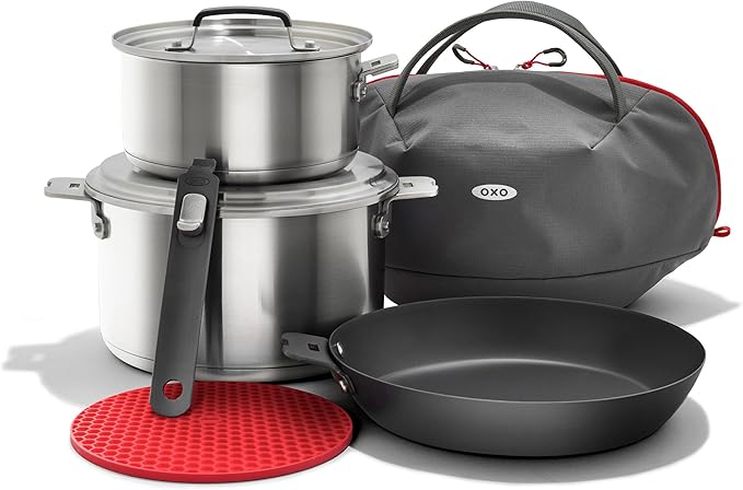 OXO Outdoor 8 Piece Camping Cookware Set 10 Pre-Seasoned Carbon Steel Frying Pan Skillet 2.25QT and 5QT Stainless Steel Saucepans with Lids Removeable Handle Trivet Travel Bag Space-Saving