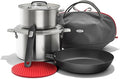 OXO Outdoor 8 Piece Camping Cookware Set 10 Pre-Seasoned Carbon Steel Frying Pan Skillet 2.25QT and 5QT Stainless Steel Saucepans with Lids Removeable Handle Trivet Travel Bag Space-Saving