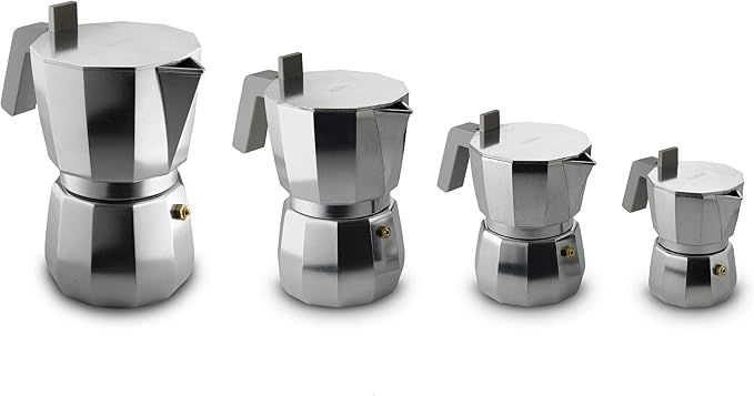 Alessi Moka Espresso coffee maker in aluminium casting. Handle and knob in PA grey. Magnetic steel bottom suitable for induction cooking. Filter for American coffee included. 9 cups.