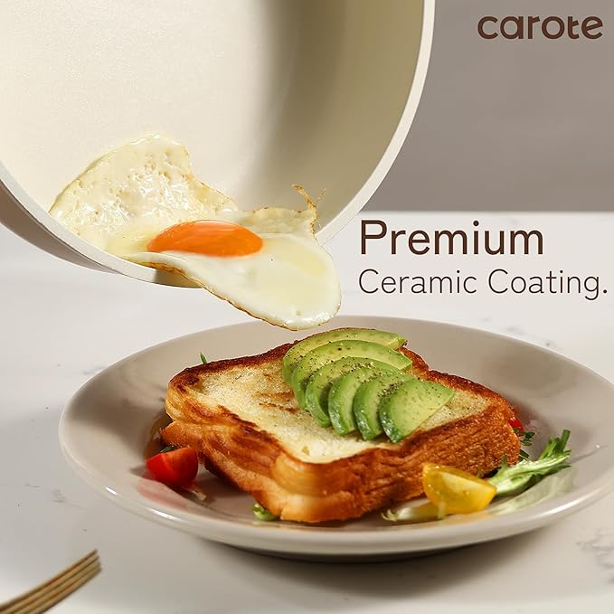 CAROTE 12Pcs Ceramic Pots and Pans Set Non Stick Healthy Cookware Set PFAS/PFOA Free Kitchen Cooking Set with Frying Pans Taupe
