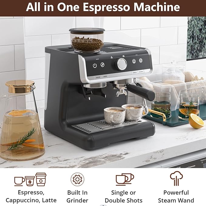 Semi-Automatic Espresso Machine with Built-in Grinder &amp Milk Frother - 20 Bar Pump 95Oz Removable Water Tank 30 Grind Settings Stainless Steel Coffee Maker for Latte/Cappuccino (Home &amp Offi