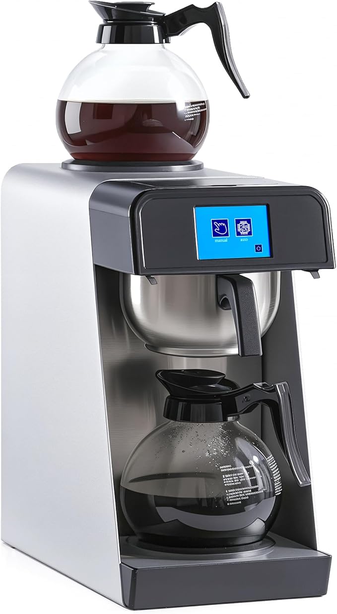 12-Cup Commercial Drip Coffee Maker 1.8L Auto Filling Pour Over Coffee Machine with 2 Glass Carafes 2 Warmers LCD Panel Automatic Stainless Steel Coffee Brewer for Cofe Bar and Restaurant