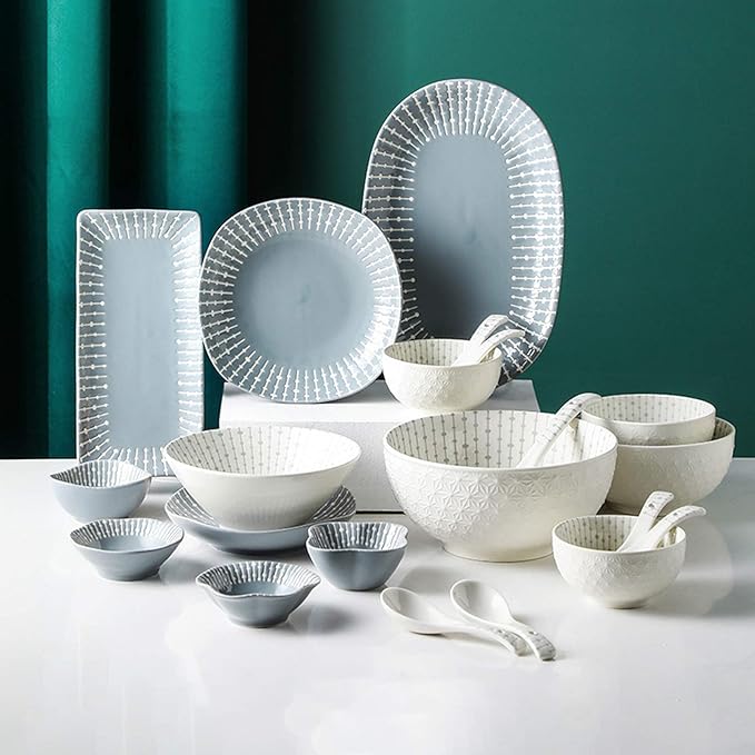 Ceramics Dinner Sets 42 Pieces Nordic Minimalist Style Cereal Bowl and Steak PlateRelief Porcelain Dinnerware Set for Family Gathering