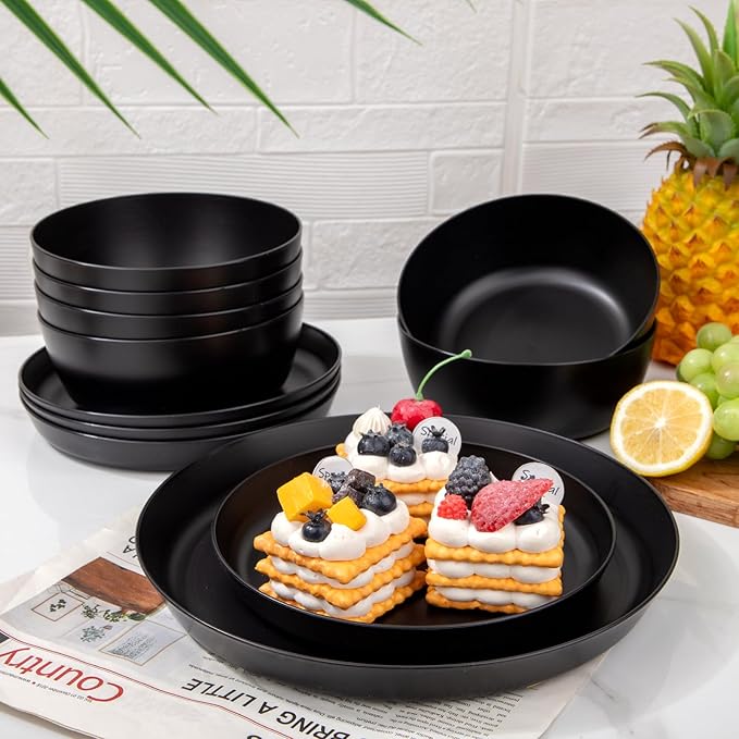EI 12pcs Wheat Straw Dinnerware Set of 4Plates and Bowls SetsPlastic Plate Reuasble UnbreakableHeavy Duty Plastic Plates for CampingPicnincFamily Dinner