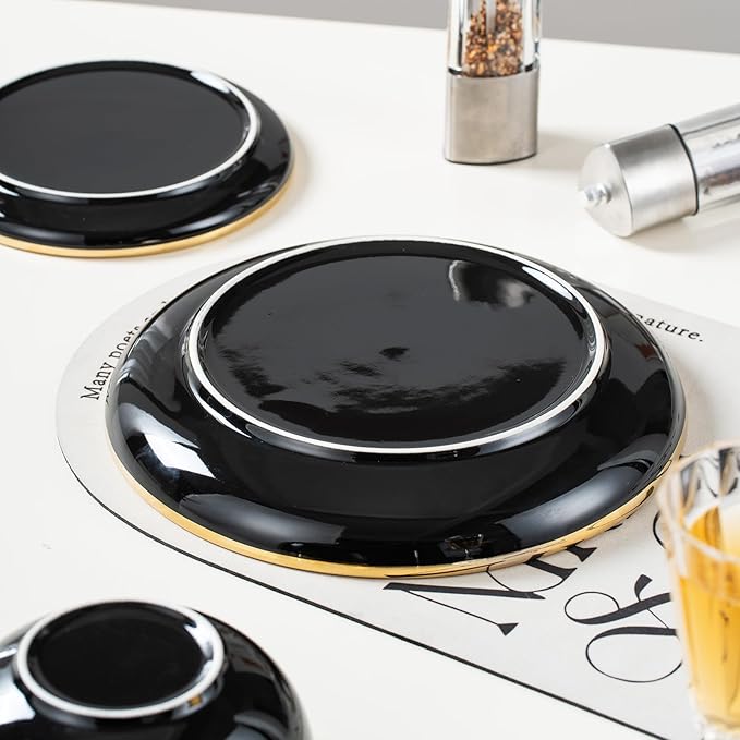 Stoneware Tableware Set for 4 Ceramic Dinnerware Sets with Gold Trim Including 10.5 Dinner Plates 7.75 Dessert Plates 6 Dinner Plates and 14oz Coffee Cups Porcelain (Black Glod)