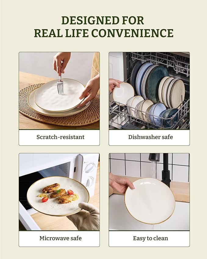 Famiware Dinnerware Sets for 8 Ocean Round 24-Piece Kitchen Plates and Bowls Sets Microwave and Dishwasher Safe Scratch Resistant Vanilla White