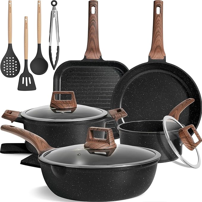 Kikcoin 16Pcs Pots and Pans Set Nonstick Ceramic Cookware Sets Induction Kitchen Cooking Set Non toxic Healthy Non Stick w/Grill Pan Saute Pan Black
