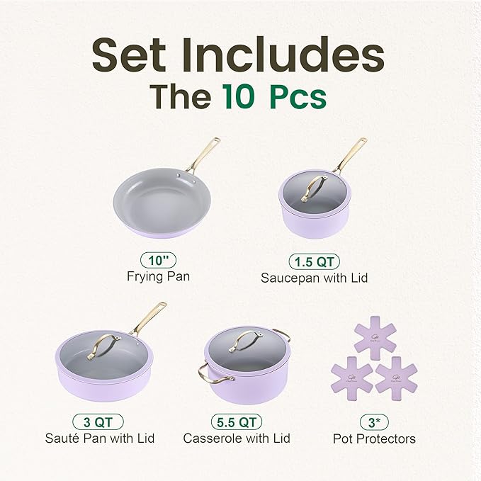 Chef Power Ceramic Cookware Sets 10Pcs Pots and Pans Set Non Stick Cookware Set with Stainless Steel Handle Dishwasher &amp Oven Safe Light Purple and Granite Grey