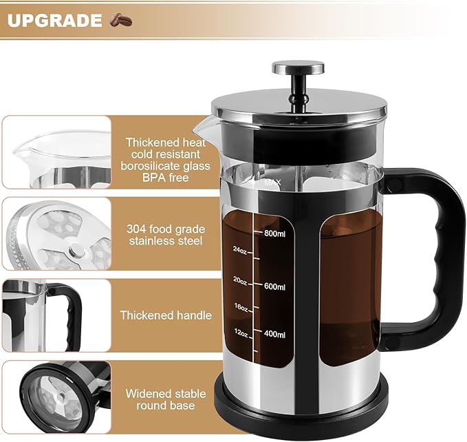 French Press Coffee Tea Maker Upgrade Heat Cold Resistant Thickened Glass with 4 Level Stainless Steel Filtration System Brew Coffee &amp Tea BPA Free Large 1000ml 34oz (Silver)