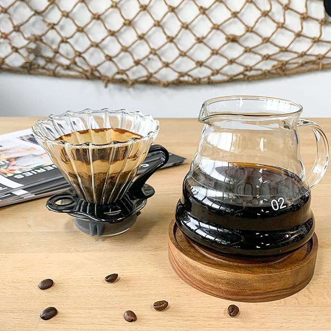 SOTECH Pour Over Coffee Maker Set with Black Gooseneck Kettle Wooden Filter Holder Coffee Dripper Glass Server with Paper Coffee FiltersDIY Manual Coffee Maker Set (Eco-Setbag)