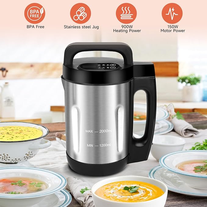 Homtone Soup Maker 2L Makes 2-6 Servings 6-in-1 Multifunctional Smooth and Chunky Soupmaker Electric Soup Bleander Eeasy Clean for Home Use Black and Stainless Steel