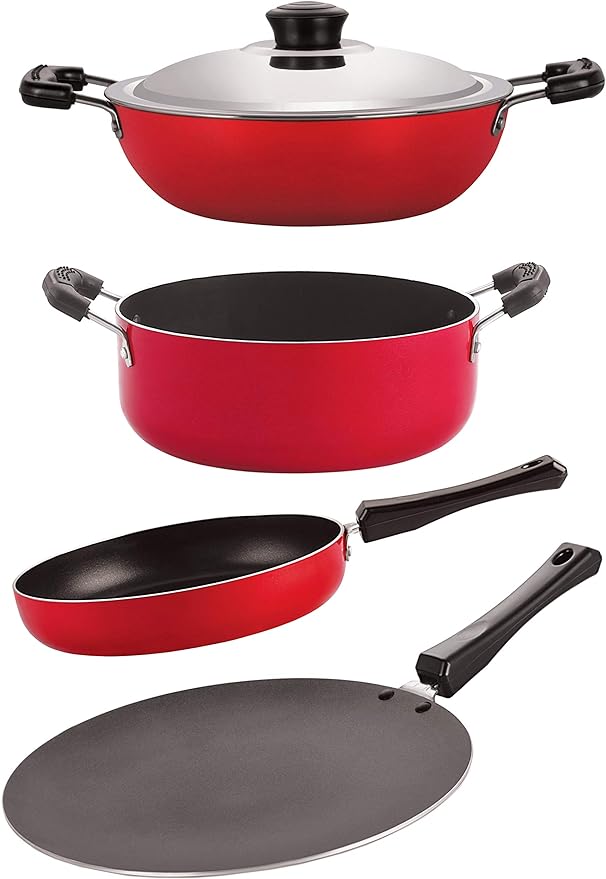 NIRLON Aluminium Nonstick Cookware Set Red and Black - 4 Pieces
