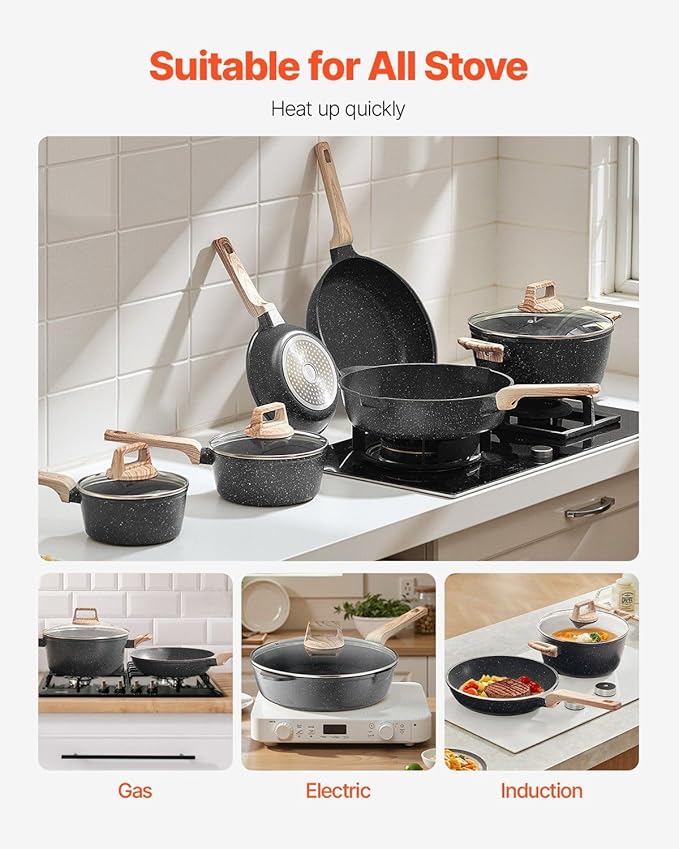17 Piece Pots and Pans Set Granite Nonstick Kitchen Cookware Induction Black