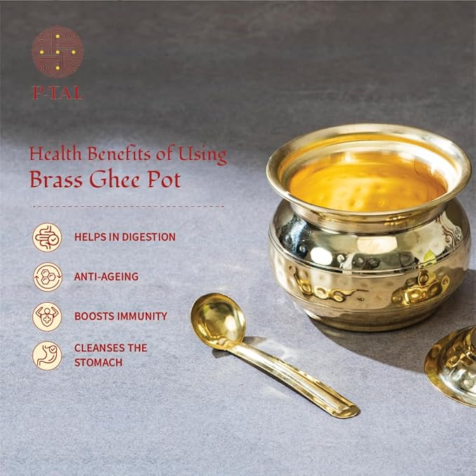 P-TAL Set of Brass Dosa Tawa + 250ml Brass Ghee Pot with Spoon Cookware Set Non-Toxic and Teflon Free Combo Ptal Utensils 12 in Dosa Tawa and 250 ml Golden