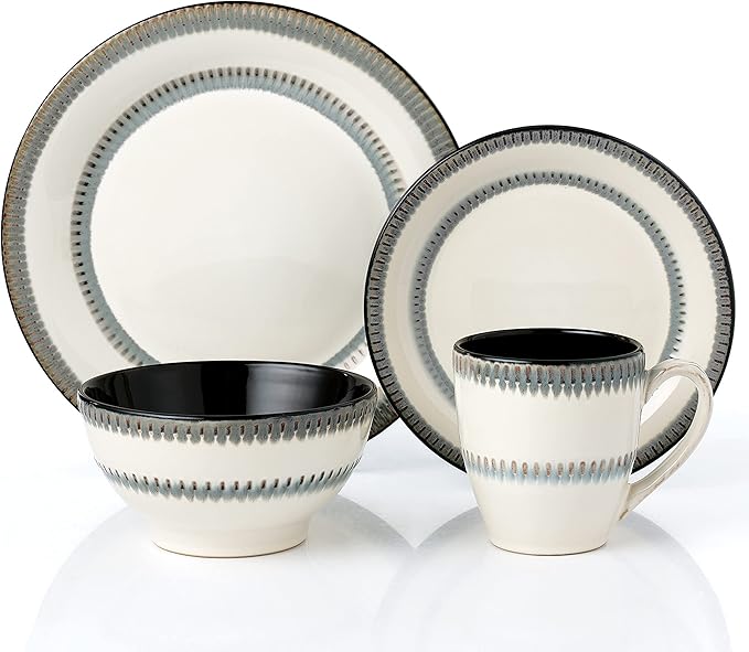 Elegant and Modern Stoneware Scroll Dinnerware Set for Hosting Parties and Events - Contrast 16 Piece