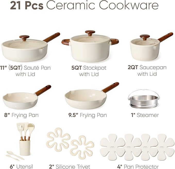 CAROTE 21pcs Cookware Set Nonstick Pots and Pans Set Ceramic Cookware Set Induction Cookware Non toxic Healthy Non Stick Kitchen Cooking Set PFAS PTFE Free White