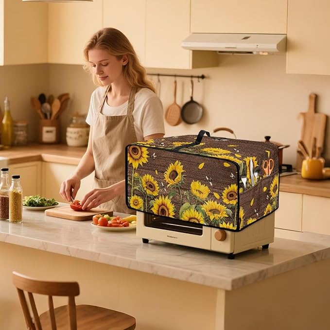 Rectangular Toaster Oven Cover Stain Resistant Washable Appliance Cover with Side Pockets Neat Storage and Protection for Kitchen Appliances Sunflower Wood Board