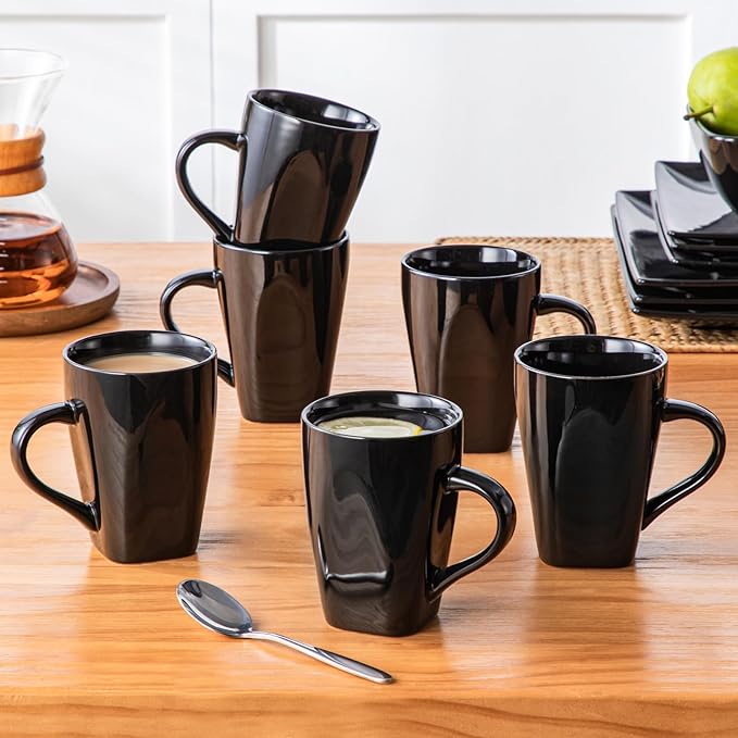 vancasso Soho Dinnerware Sets 24 Pieces Black Stoneware Square Place Setting Dinner Plate Cups and Plates Sets for Kitchen Dish Set for 6