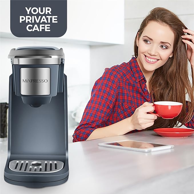 Mixpresso Single Cup Coffee Brewer - Quick Brew One Touch Function 12oz One Cup Grey Coffee Maker