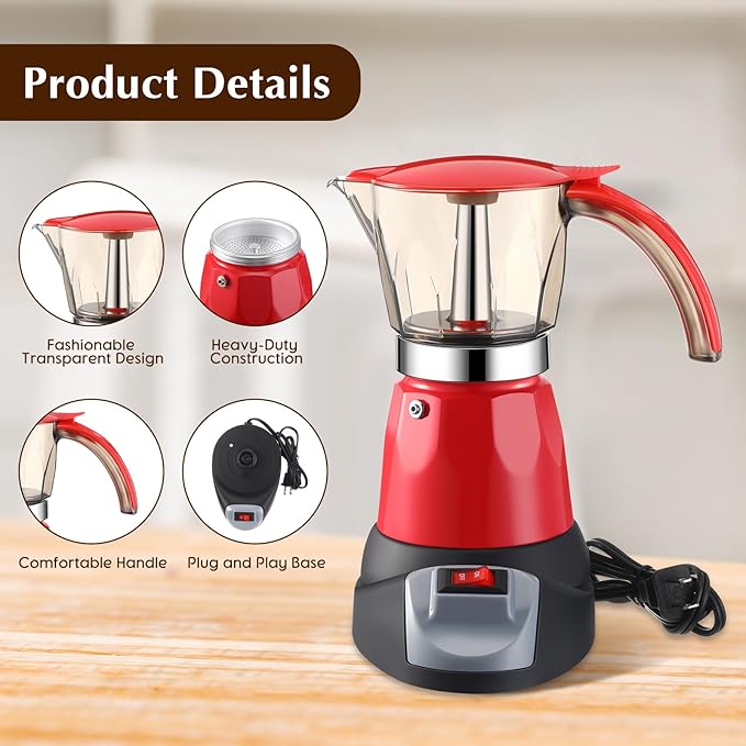 Electric Espresso Maker Transparent Coffee Maker Electric Moka Pot Portable Aluminum Espresso Machine Italian Moka Pot with Detachable Base Coffee Gift for Women Men Home Travel(Red6 Cup)