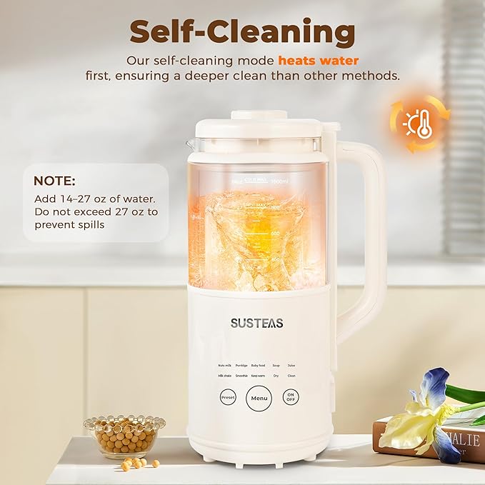 SUSTEAS 10 in 1 Nut Milk Maker Machine 34oz Soy Milk Maker for Almond/Oat/Soy Milk Juice Milkshake Rice Paste No Filtering Needed Almond Cow Milk Machine Maker with Self Cleaning Beige