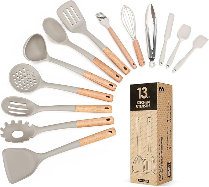 Kitchen Utensils Set 13PCS Silicone Cooking Utensils Heat Resistant Kitchen Utensil Spatula Set for Nonstick Cookware Wooden Handles Kitchen Gadgets Tools Set