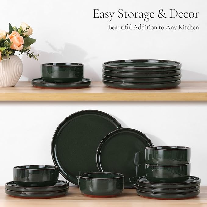 E-far Stoneware Dinnerware Sets for 4 12 Pieces Reactive Glaze Plates and Bowls Sets Elegant Dishes with Rustic Terracotta Base Dishwasher &amp Microwave Safe Scratch Resistant Blackish Green