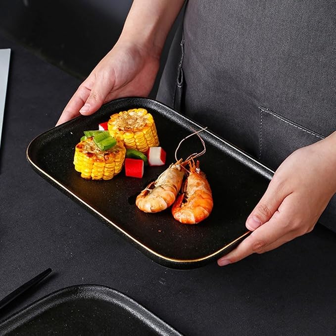 Porcelain Square Dinnerware Set 3 Pcs Fine China Plates With Gold Edge Matte Black Includes Pasta And Seafood Plates Plate Set