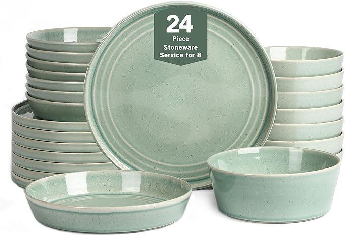Stone Lain Claire 24-Piece Dinnerware Set Stoneware Plates and Bowls Set Dishwasher and Microwave Safe Dish Set for 8 Green