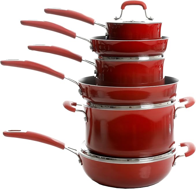 Kenmore Elite Andover Nonstick Platinum Forged Aluminum Cookware Set 10-Piece Red Gradient