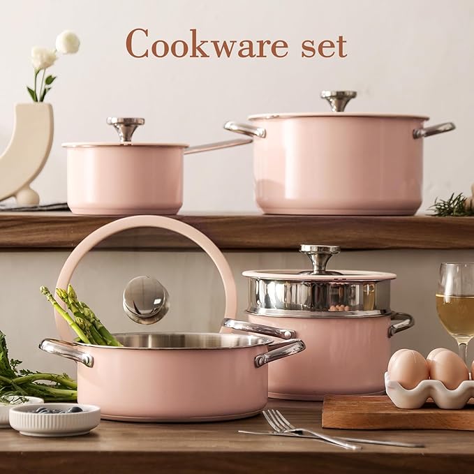 9pcs Stainless Steel Cookware Set for Family Kitchen 304 Grade Ceramic Coated Exterior Induction Compatible Pots and Pans with Glass Lids Non-Toxic &amp Easy to CleanPink