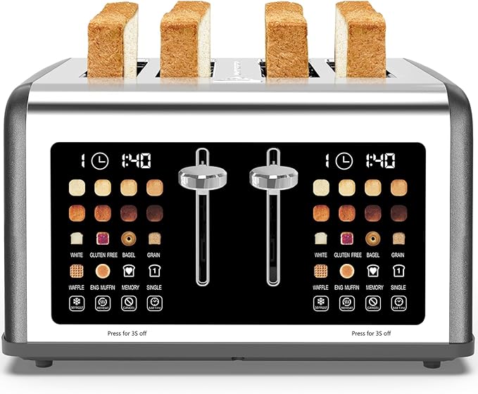 4 Slice Toaster Touch Screen Stainless Steel Toasters Digital Timer Dual Control Panel Toasters 8 Shade Settings 6 Bread Types for Bagel Cancel Defrost 1650W Grey