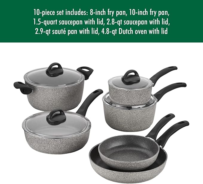 BALLARINI Parma by HENCKELS 10-pc Nonstick Pot and Pan Set Made in Italy Set includes fry pans saucepans sauté pan and Dutch oven with lidGray