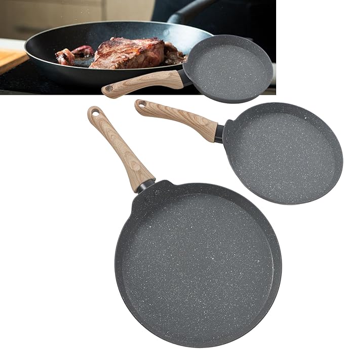 3PCS Maifan Stone Frying Pan Set Grey Anti Stick with Wooden Handle Multifunctional 3 Sizes for All Cooking Needs